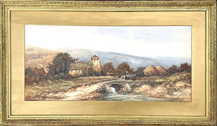 Superb Large C19th Victorian Watercolour - Richard Henry Nibbs (1816-1893) Horse & Cart on a Rural Bridge Sold