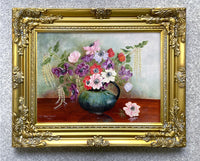 Fine Vintage Mid C20th Oil on Board - Anemones in a Green Jug - Vera Earey Sold