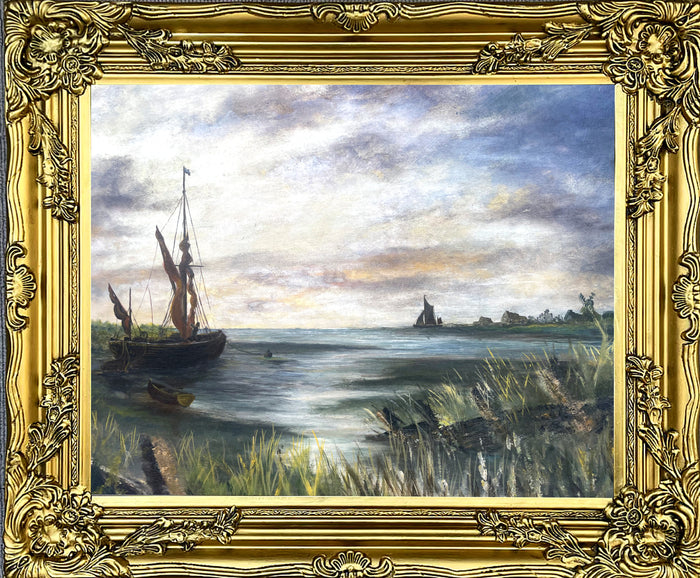 Superb Large Vintage Maritime Oil on Canvas - A Clipper in Full Sail