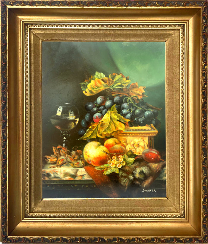 Beautiful Vintage Dutch School Still Life Oil on Panel - Assorted Fruit on a Marble Ledge
