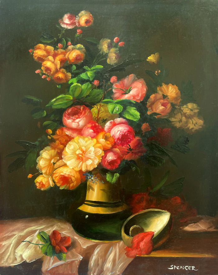 Fine Vintage Still Life Oil on Board - Mixed Flowers in a Vase