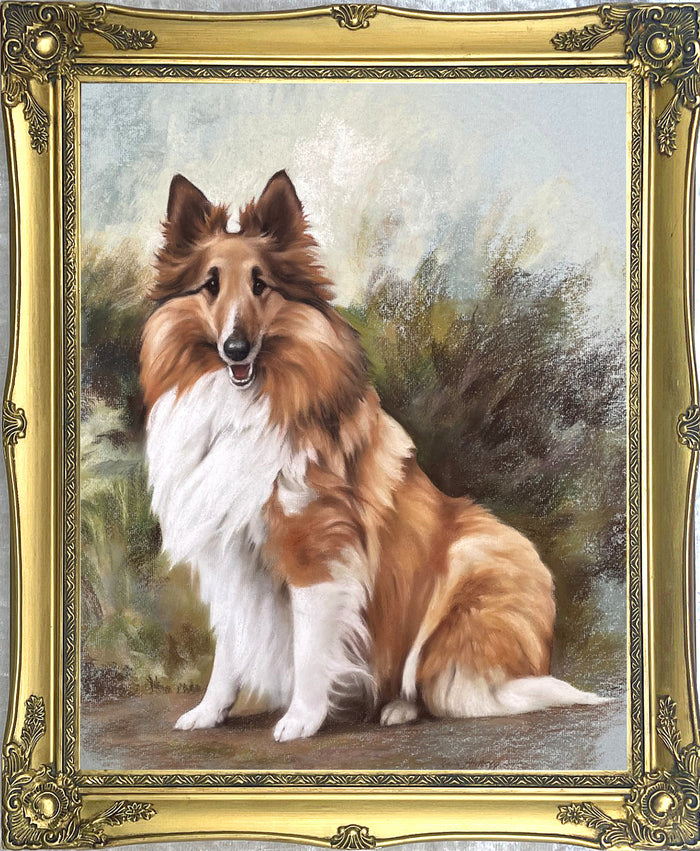 Fine Large Vintage Pastel Portrait of a Collie Dog