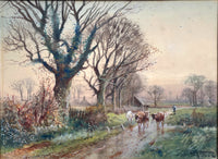 Exquisite Early C20th Watercolour - Cattle being Driven Home - Ringmere Sussex - H C Fox