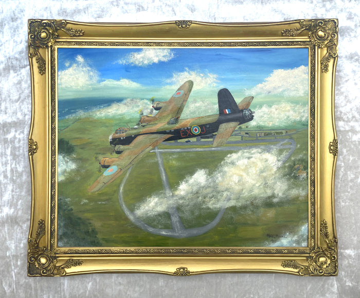 Fine Vintage Oil on Board Portrait of a Wellington Bomber in Flight