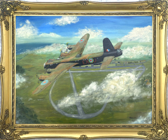 Fine Vintage Oil on Board Portrait of a Wellington Bomber in Flight