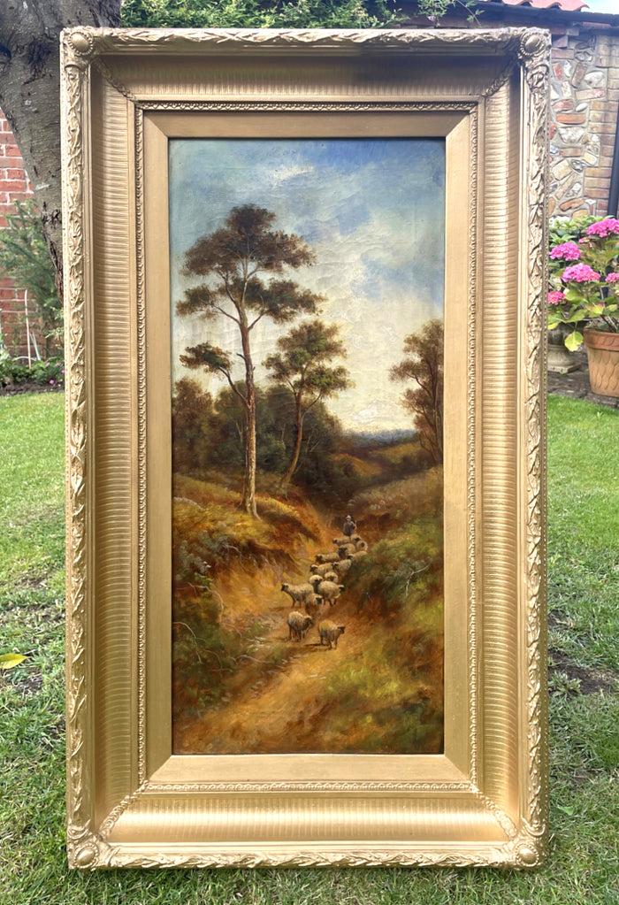 Superb large C19th Victorian English School Oil on Canvas - Sheep in a Rural Lane SOLD