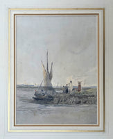 Early C19th Victorian Watercolour - Figures by a Fishing Vessel - James Holland (1799-1870)