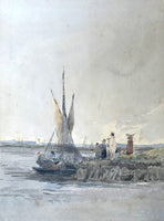 Early C19th Victorian Watercolour - Figures by a Fishing Vessel - James Holland (1799-1870)