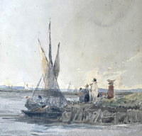 Early C19th Victorian Watercolour - Figures by a Fishing Vessel - James Holland (1799-1870)