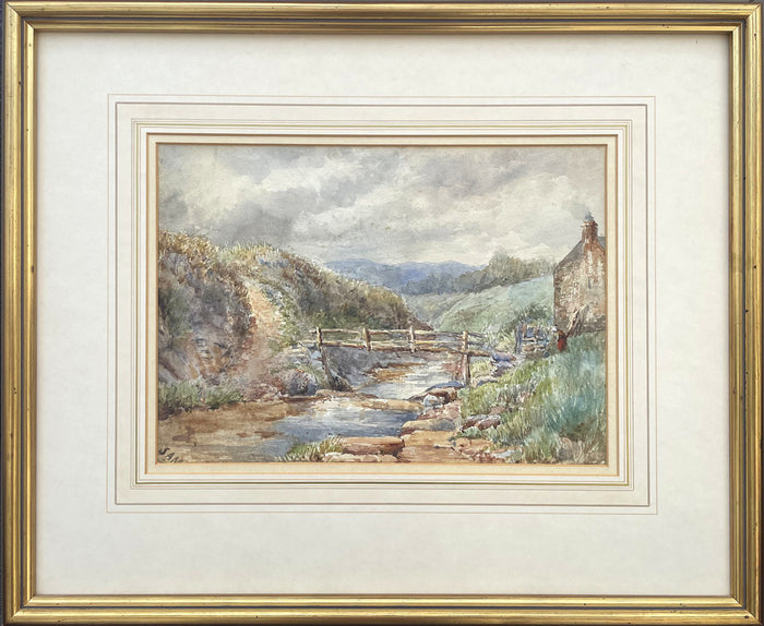 Mid C19th Victorian Watercolour - Rural Cottage by a Stream - Samuel Bough (1822-1878)