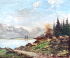 Exquisite Mid C20th Vintage European School Oil on Board -Alpine Lakeland Landscape