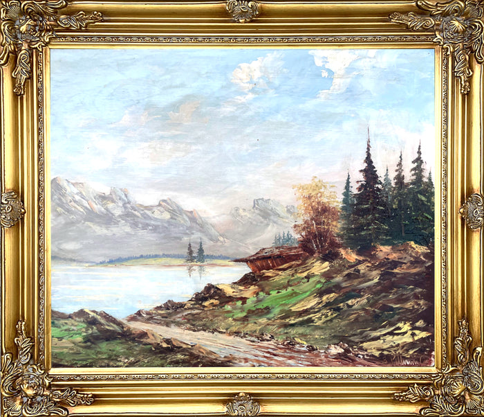 Exquisite Mid C20th Vintage European School Oil on Board -Alpine Lakeland Landscape