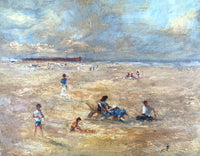 Exquisite Mid C20th Vintage Impressionist Oil on Board - Figures on a Beach