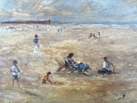 Exquisite Mid C20th Vintage Impressionist Oil on Board - Figures on a Beach