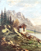 Beautiful Mid C20th Vintage European School Oil on Canvas Board - Alpine Cabin
