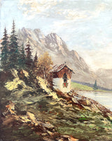 Beautiful Mid C20th Vintage European School Oil on Canvas Board - Alpine Cabin