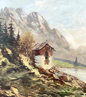 Beautiful Mid C20th Vintage European School Oil on Canvas Board - Alpine Cabin