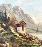 Beautiful Mid C20th Vintage European School Oil on Canvas Board - Alpine Cabin
