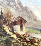 Beautiful Mid C20th Vintage European School Oil on Canvas Board - Alpine Cabin