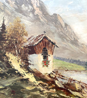 Beautiful Mid C20th Vintage European School Oil on Canvas Board - Alpine Cabin