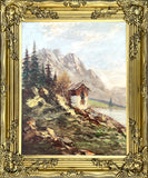 Beautiful Mid C20th Vintage European School Oil on Canvas Board - Alpine Cabin