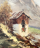 Beautiful Mid C20th Vintage European School Oil on Canvas Board - Alpine Cabin