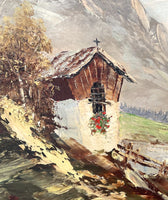 Beautiful Mid C20th Vintage European School Oil on Canvas Board - Alpine Cabin