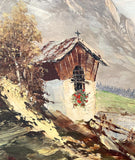 Beautiful Mid C20th Vintage European School Oil on Canvas Board - Alpine Cabin