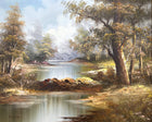 Delightful Large Vintage Oil on Canvas - Tranquil Riverside Landscape by Irene Cafieri