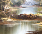 Delightful Large Vintage Oil on Canvas - Tranquil Riverside Landscape by Irene Cafieri