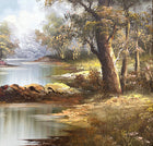 Delightful Large Vintage Oil on Canvas - Tranquil Riverside Landscape by Irene Cafieri