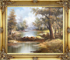 Delightful Large Vintage Oil on Canvas - Tranquil Riverside Landscape by Irene Cafieri