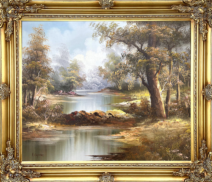 Delightful Large Vintage Oil on Canvas - Tranquil Riverside Landscape by Irene Cafieri