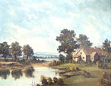 Delightful Mid C20th Vintage Landscape Oil on Canvas - Riverside Cottage by P. Vogel