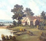 Delightful Mid C20th Vintage Landscape Oil on Canvas - Riverside Cottage by P. Vogel