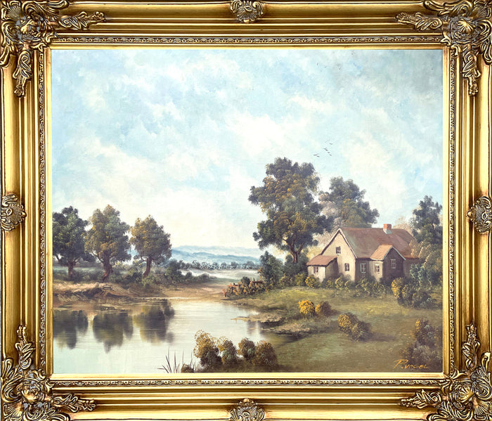 Delightful Mid C20th Vintage Landscape Oil on Canvas - Riverside Cottage by P. Vogel SOLD