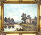 Delightful Mid C20th Vintage Landscape Oil on Canvas - Riverside Cottage by P. Vogel