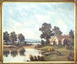 Delightful Mid C20th Vintage Landscape Oil on Canvas - Riverside Cottage by P. Vogel