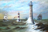 Fine Large Vintage Nautical Oil on Board - Shipping & Lighthouses in Choppy Seas