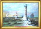 Fine Large Vintage Nautical Oil on Board - Shipping & Lighthouses in Choppy Seas