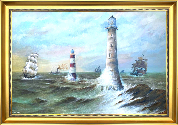 Fine Large Vintage Nautical Oil on Board - Shipping & Lighthouses in Choppy Seas
