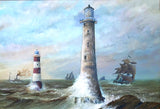 Fine Large Vintage Nautical Oil on Board - Shipping & Lighthouses in Choppy Seas
