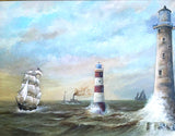 Fine Large Vintage Nautical Oil on Board - Shipping & Lighthouses in Choppy Seas