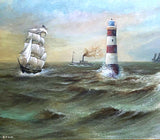 Fine Large Vintage Nautical Oil on Board - Shipping & Lighthouses in Choppy Seas