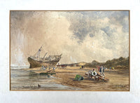 Excellent Early C19th Victorian Watercolour - Folk at a Beached Shipwreck - David Cox Jnr 1844  SOLD