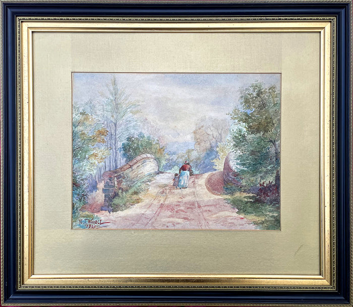 Delightful Early C20th Edwardian Watercolour - Figures on a Bridge - S.T Wardle 1905