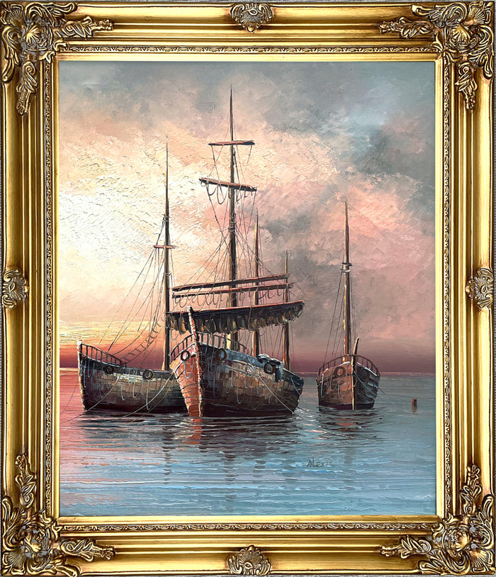 A Superb Large Vintage Mid C20th Impressionist Oil on Canvas - Shipping at Anchor