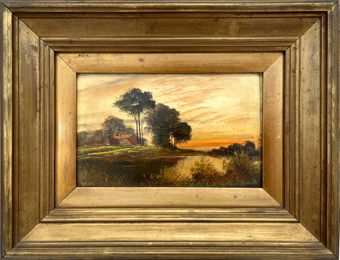 Fine Victorian Oil on Panel - Riverside Cottage at Twilight - William Hall (1812-1880) SOLD