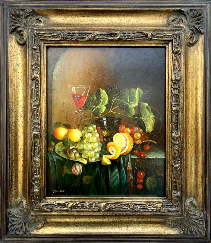 Beautiful Vintage Dutch School Still Life Oil on Panel - Assorted Fruit in a Dish with a Wine Goblet  SOLD