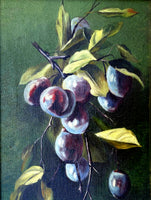 Fine C19th Victorian Still Life Oil on Canvas - Plums on a Branch